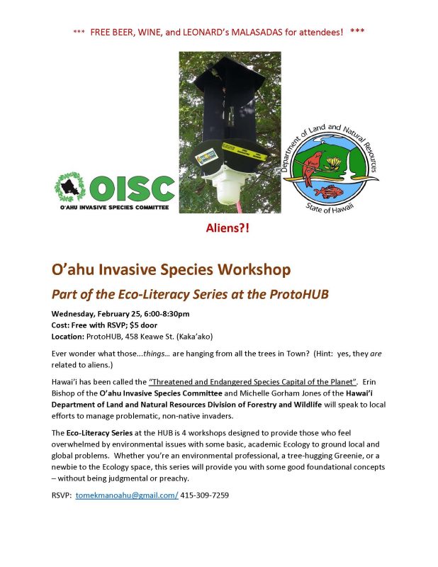 O’ahu Invasive Species Workshop; Feb 25th 6pm-8:30pm